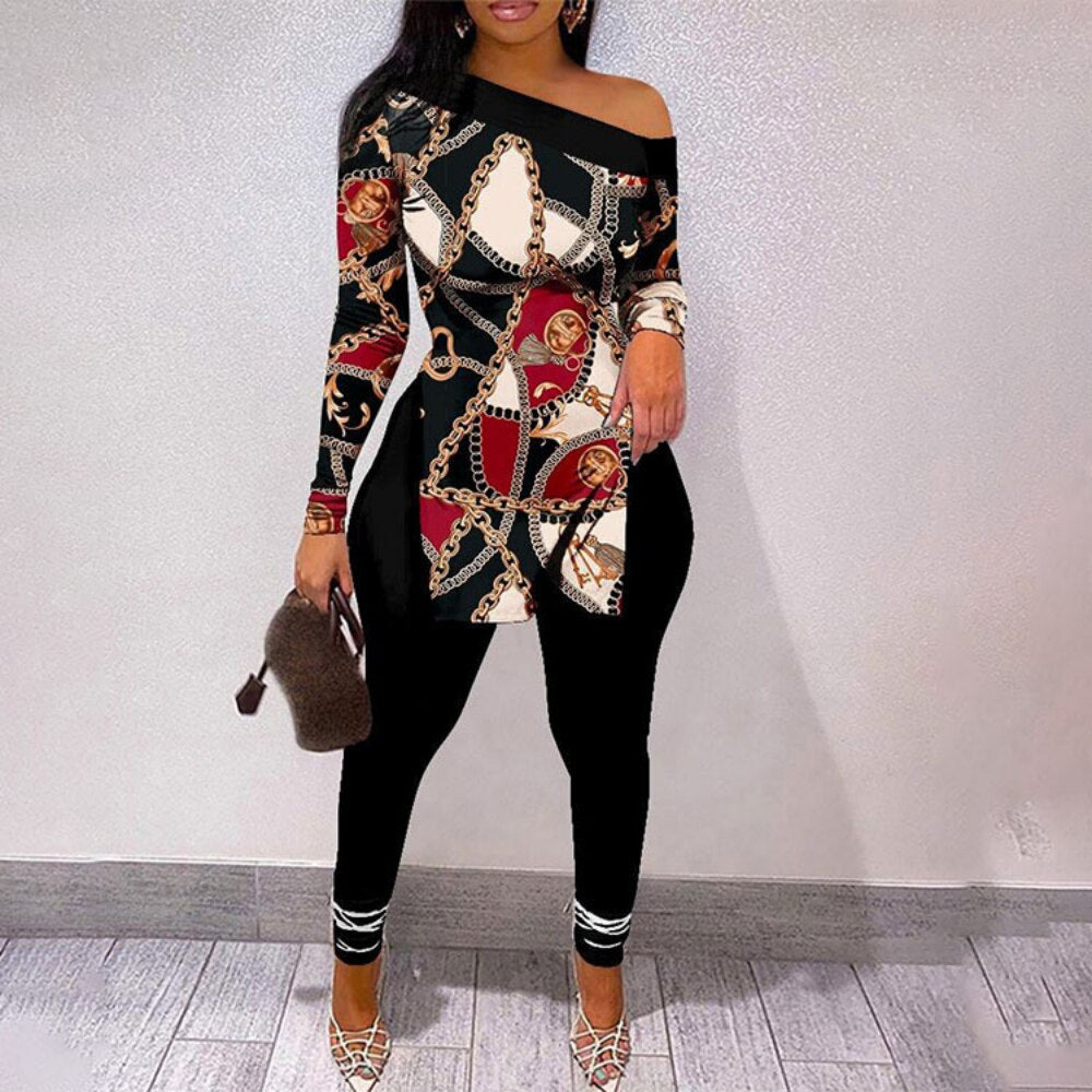 Autumn Fashion Print Two Piece Set Women Sexy Diagonal Neck Off Shoulder Split Tshirt Pencil Pants Two Piece Set Women