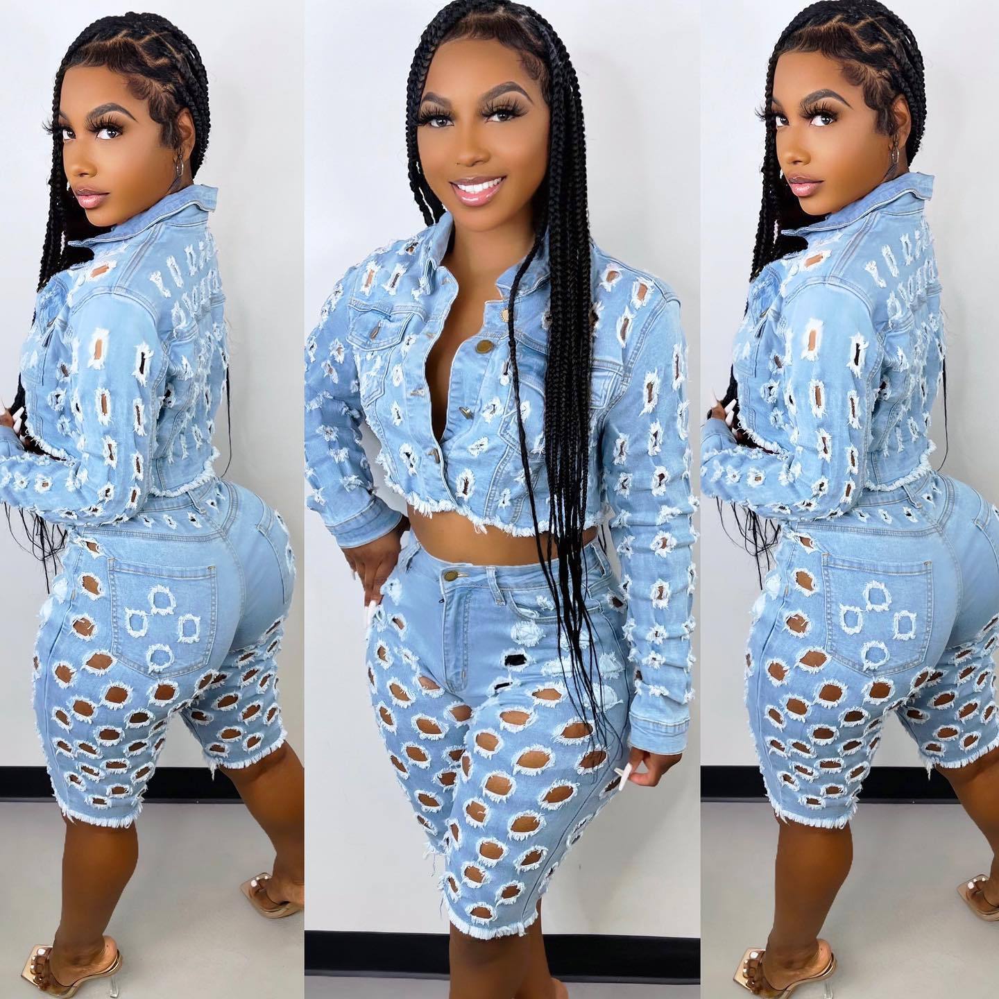 Women Denim Coats 2 Two Piece Set Casual Tracksuit Joggers Crop Jogging Suits Jackets Cargo Biker Short Pant Streetwear Outfits