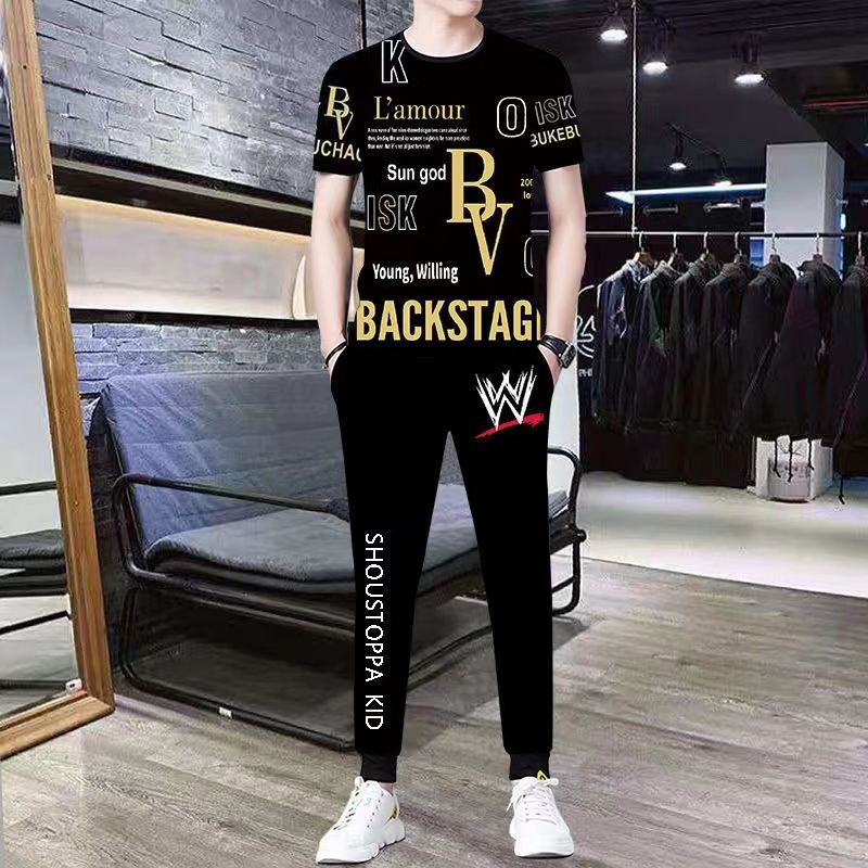 Summer new ice silk suit male summer youth fashion brand short sleeve T-shirt male loose pants casual sportswear male