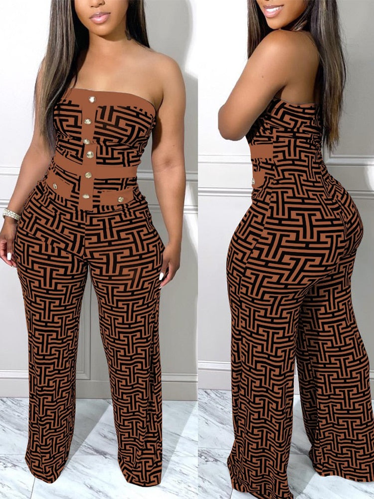 One Piece For Women Combinaison Femme Geometric Print Button Decor Tube Jumpsuit Jumpsuit Women 2022 Bodysuit