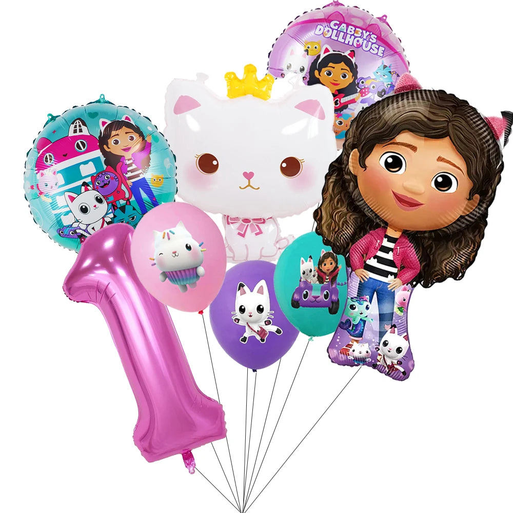 Pink Gabbys Dollhouse Cats Birthday Party Decoration Disposable Tablecloth Cup 3D Doll Balloon For Girls Baby Shower Supplies