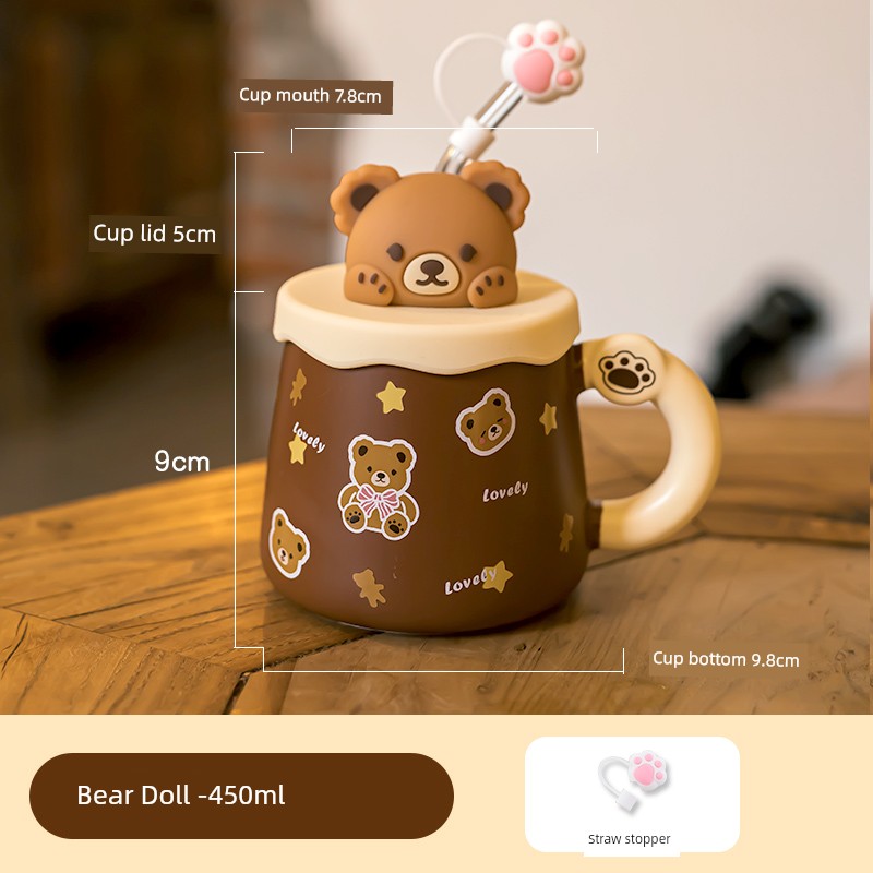 Cute Ceramic Cup Couple with Lid Spoon Straw Mug Home Breakfast Coffee Cup Women Office Water Glass Men