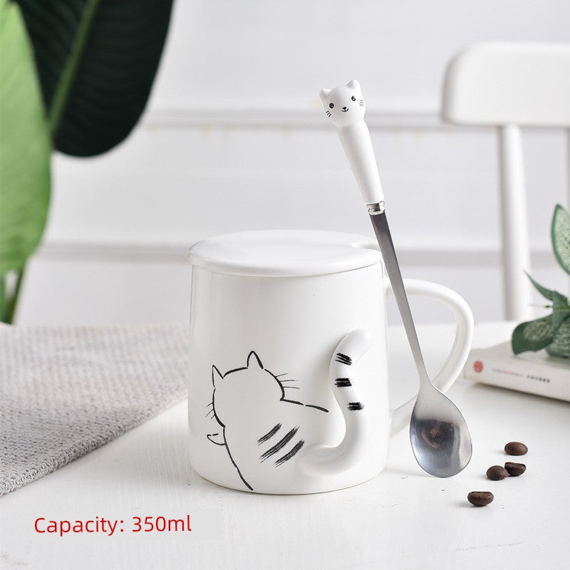 Cute Cat Mug Cartoon Porcelain Cup Couple Men and Women Water Cup Coffee Cup with Cover Spoon Breakfast Milk Cup