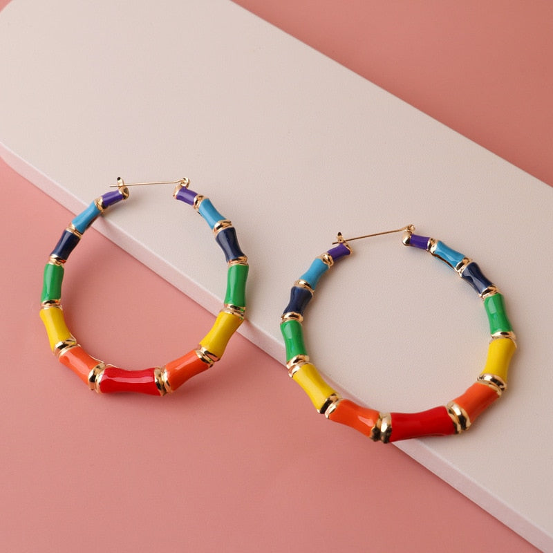 GSOLD Multi Color Hoops Big Bamboo Earrings For Women Exaggerated Sexy Metal Round Circle Hip Hop Earrings Summer Jewelry