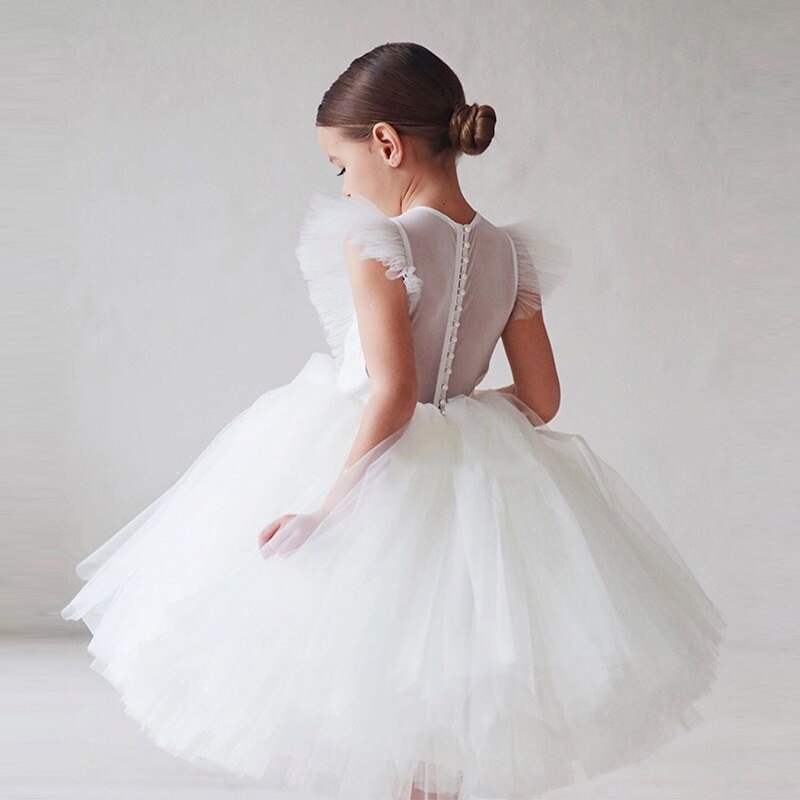 Girls Wedding Puff Sleeve Princess Costume 2023 Fashion Pink Elegant Ball Gown Dresses 3-8 Yrs Kids Vestido For Birthday Party