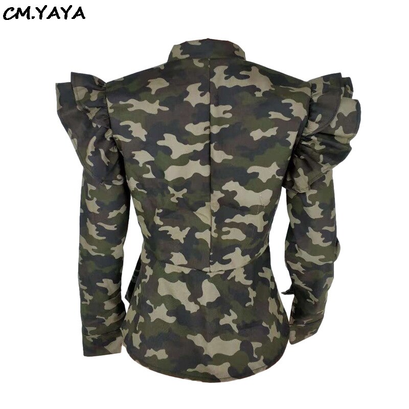 Women New Ruffles Shoulder Long Sleeve Camouflage Zip Open Stand Neck Flare Hem Jackets Fashion Weinter Coats Top Q5071