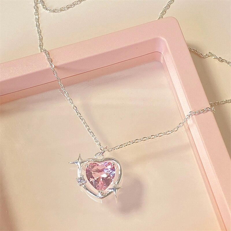 Fashion Peach Heart Water Drop Pendant Necklace Jewelry Pink Crystal Girl Sweet Cool Clavicle Chain Aesthetic Y2k Accessories