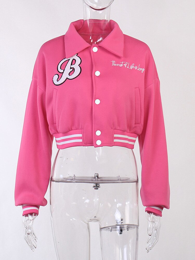 Fashion Women Casual Long Sleeve Skinny Single Breasted Pockets Stitching Varsity Lady Coat Letter Embroidery Preppy Jackets