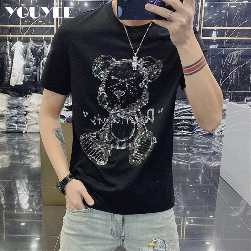 Rhinestone Casual Men's Short Sleeve T-shirt Loose O-neck 2022 Summer New Fashion Trend Brand Diamond Bear Green Yellow Clothing