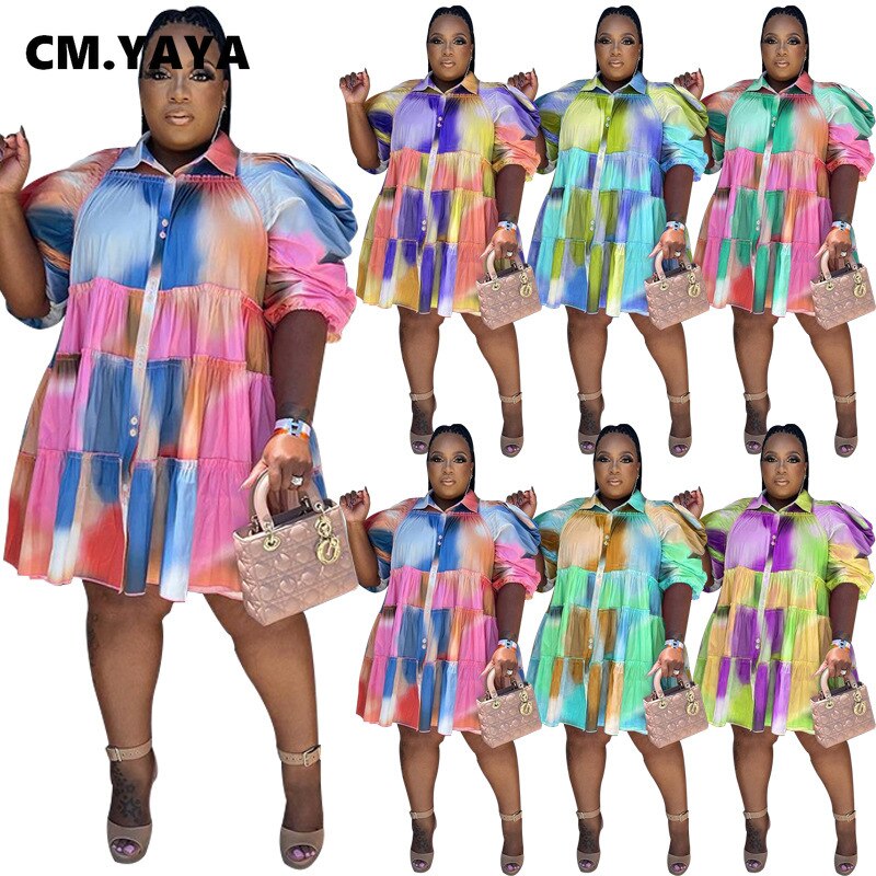 CM.YAYA Elegant Women Graffiti Cape Stye Big Swing Loose Smock Dress Plus Size Curve Chic Single Breasted Shirt Blouse Dresses