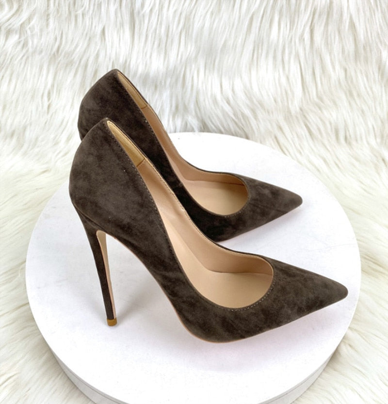 Heelgoo Coffee Brown Women Flock Syntheic Suede Pointy Toe Slip On High Heel Shoes Elegant Comfortable Dress Stiletto Pumps