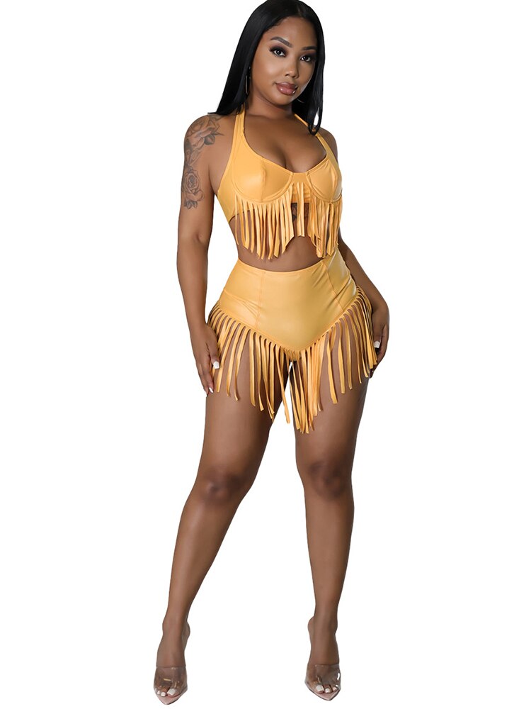 Summer Women Clothing Leather Pu Crop Top Two Piece Shorts Set Clubwear Backless Suit Sexy Outfits Wholesale Bulk Dropshipping