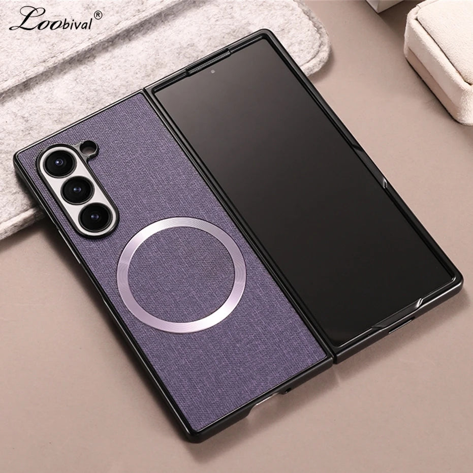 Luxury Fabric Cloth for Magsafe Case for Samsung Galaxy Z Fold 6 5 4 3 Magnetic Wireless Charging Ultra Slim Shockproof Cover
