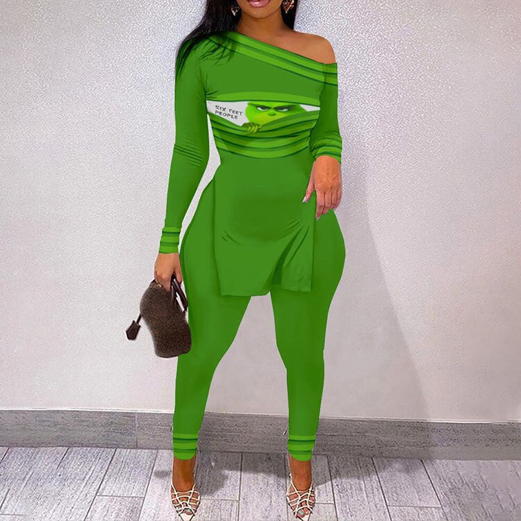 Autumn Fashion Print Two Piece Set Women Sexy Diagonal Neck Off Shoulder Split Tshirt Pencil Pants Two Piece Set Women