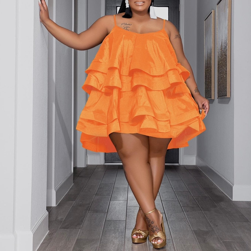 CM.YAYA Plus Size Vintage Women Cascanding Ruffles Big Swing Ball Gown Cake Babydoll Spaghetti Strap Sleeveless Dress Vestidos