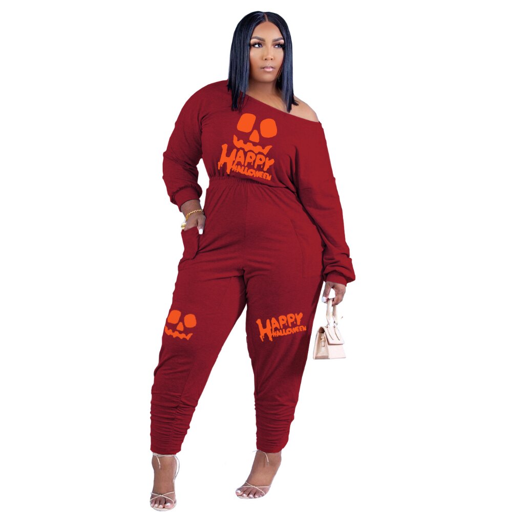HLJ&amp;GG Casual Women Letter Print Jumpsuits Fall Winter Off Shoulder with Pocket One Piece Playsuits Female Clothing Dropshipping