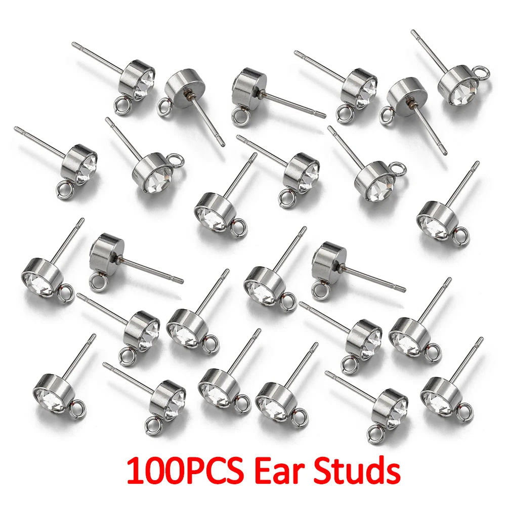 100pcs/20pcs Stainless Steel Rhinestone Earring Posts Gold Color Ear Studs with Loop Rings DIY Earrings Jewelry Making Supplies