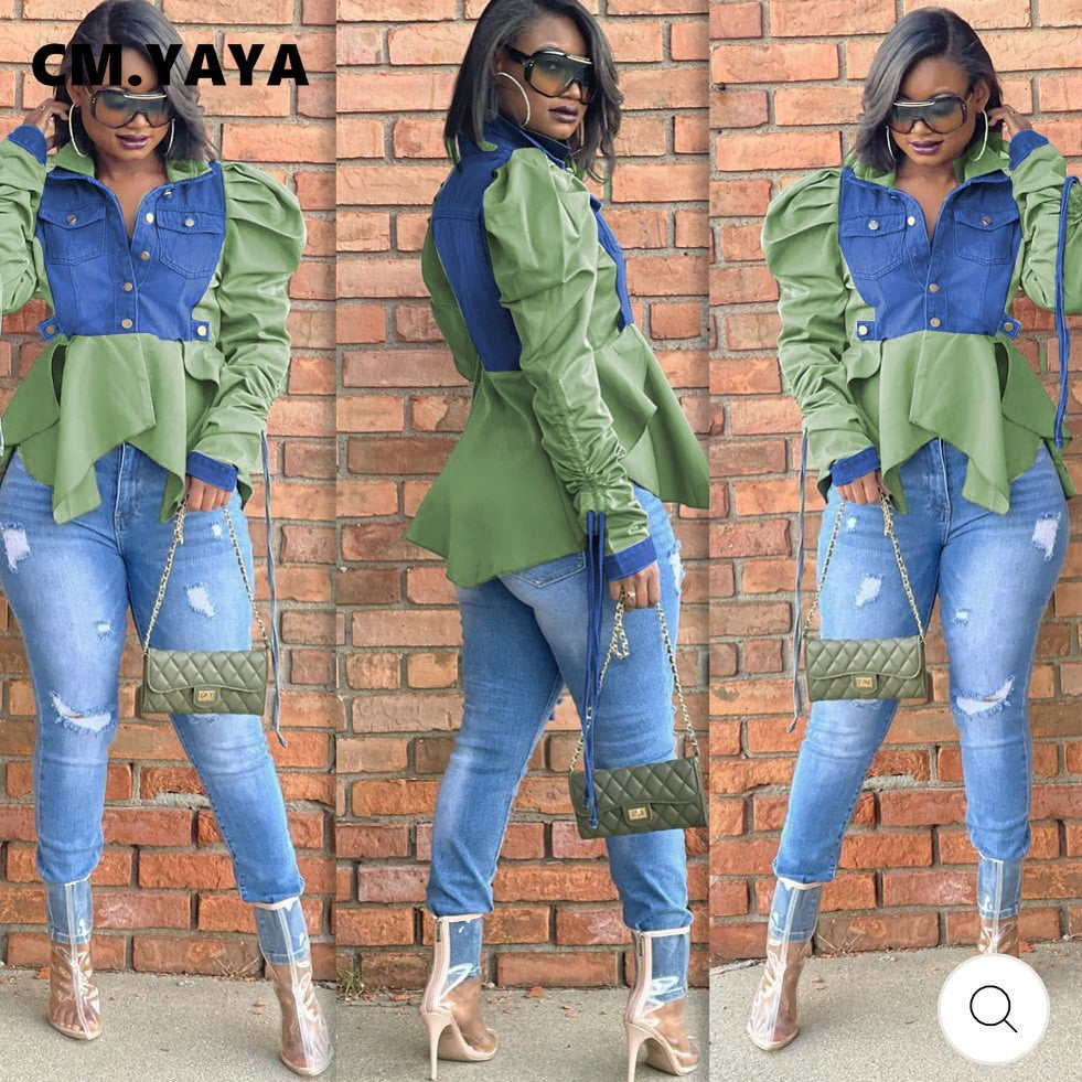 CM.YAYA Vintage Women Drawstring Ruched Up Puff Long Sleeve Single Breasted Turn-down Collar Denim Shirt Blouse Coat