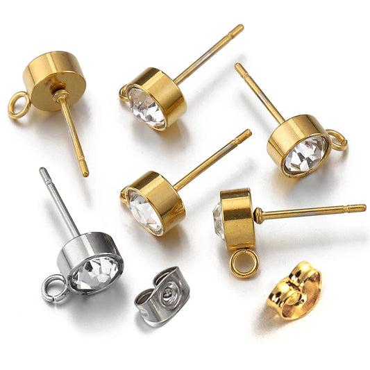 100pcs/20pcs Stainless Steel Rhinestone Earring Posts Gold Color Ear Studs with Loop Rings DIY Earrings Jewelry Making Supplies