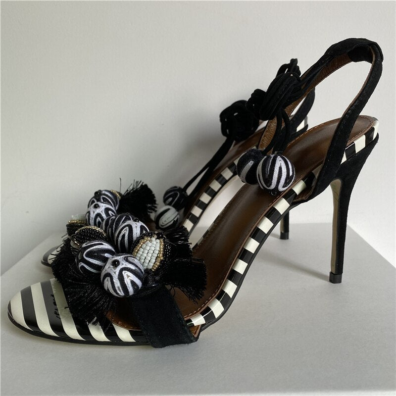 Wool Knitting Ball Tassels Sandals Women Ankle Wrap Striped Color Fringed Pompoms Stiletto Heel Suede Party Shoes Woman