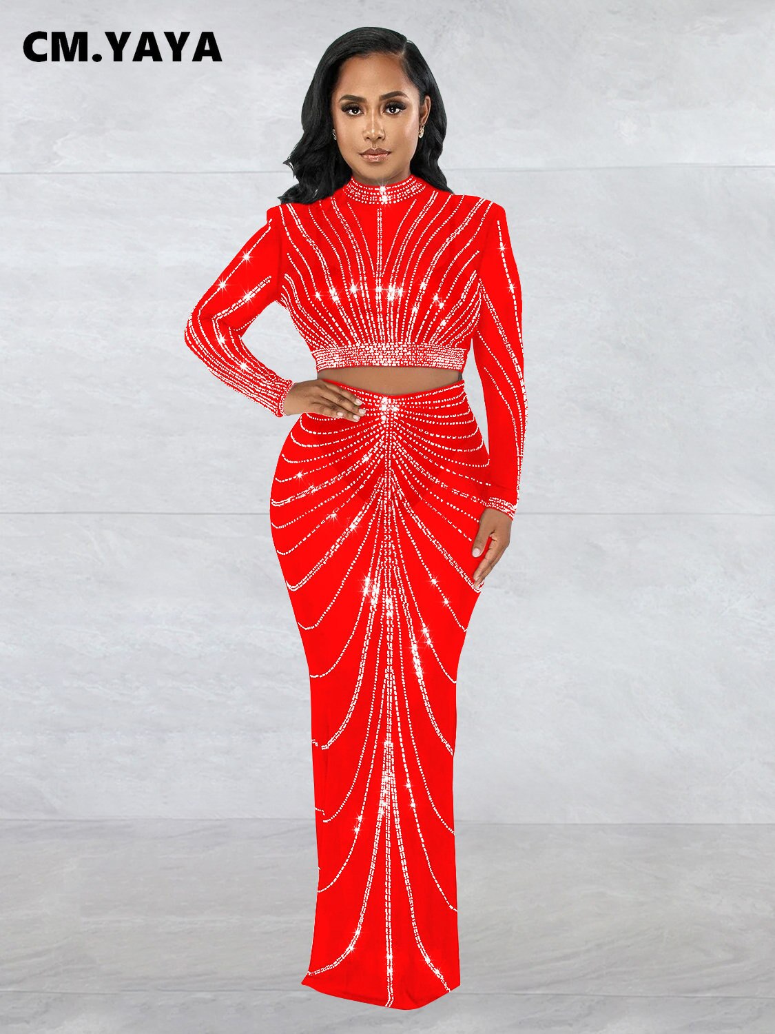 CM.YAYA Elegang Mesh See Though Diamonds Hot Rhinestones Maxi Long Midi Skirts Sets for Women Sexy Party Two 2 Piece Set Outfits