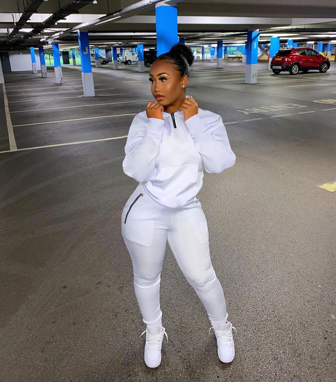 HLJ&amp;GG Winter Tracksuits Two Piece Sets Pink Letter Print Solid Casual Outfits Zip Sweatshirt + Pockets Pants Women Sweat Suits