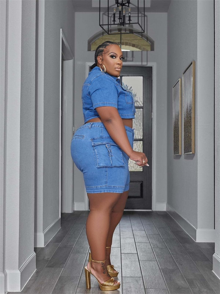 Wmstar Plus Size Denim Two Piece Set Women 2023 Shorts Sets Pockets Top and Pants Fashion New In Fashion Matching  Dropshipping