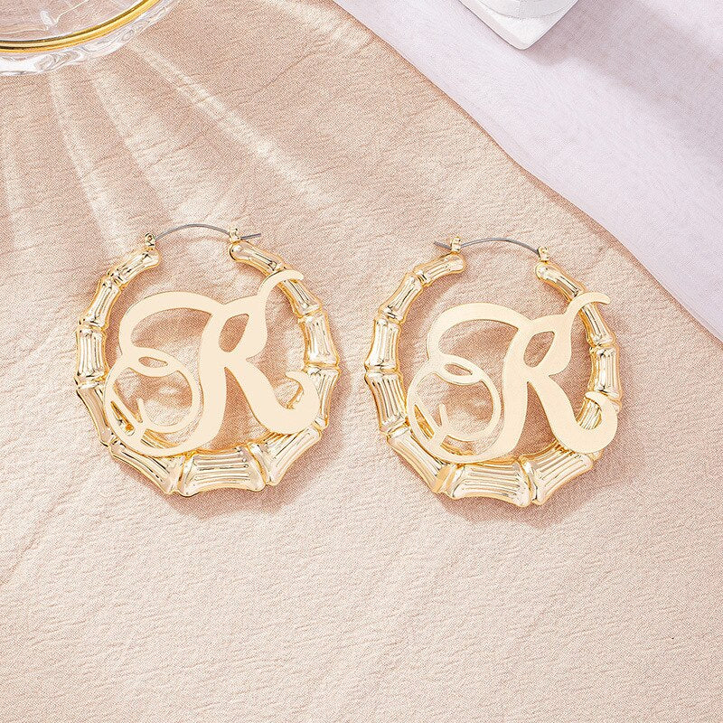 GSOLD Punk Rock A-Z Initial Bamboo Earrings For Women Party Hip-Hop Sexy Jewelry Letter Statement Large Circle Hoop Earring