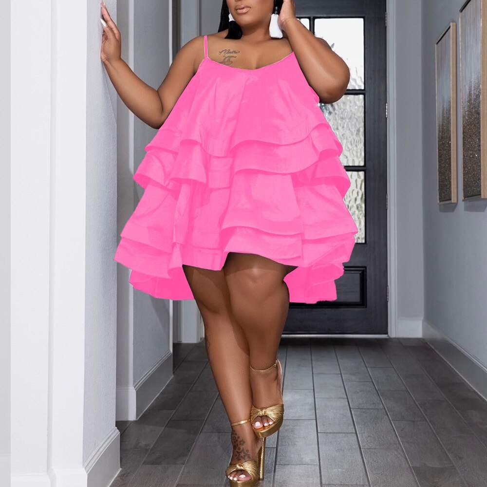 CM.YAYA Plus Size Vintage Women Cascanding Ruffles Big Swing Ball Gown Cake Babydoll Spaghetti Strap Sleeveless Dress Vestidos