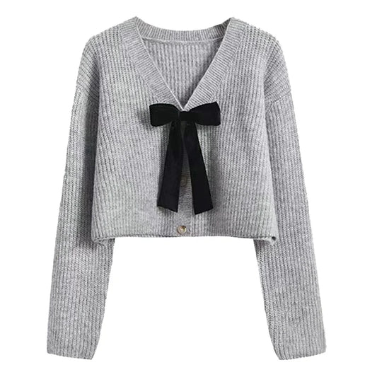 Autumn Women's Kawaii Knit Cardigan Short Style Solid V-neck Long Sleeve Sweet Bow Decoration Sweater Fashion All-match Coat