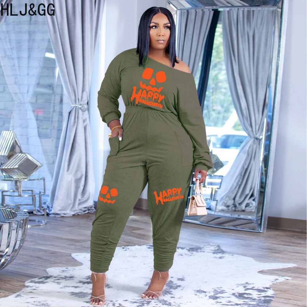 HLJ&amp;GG Casual Women Letter Print Jumpsuits Fall Winter Off Shoulder with Pocket One Piece Playsuits Female Clothing Dropshipping