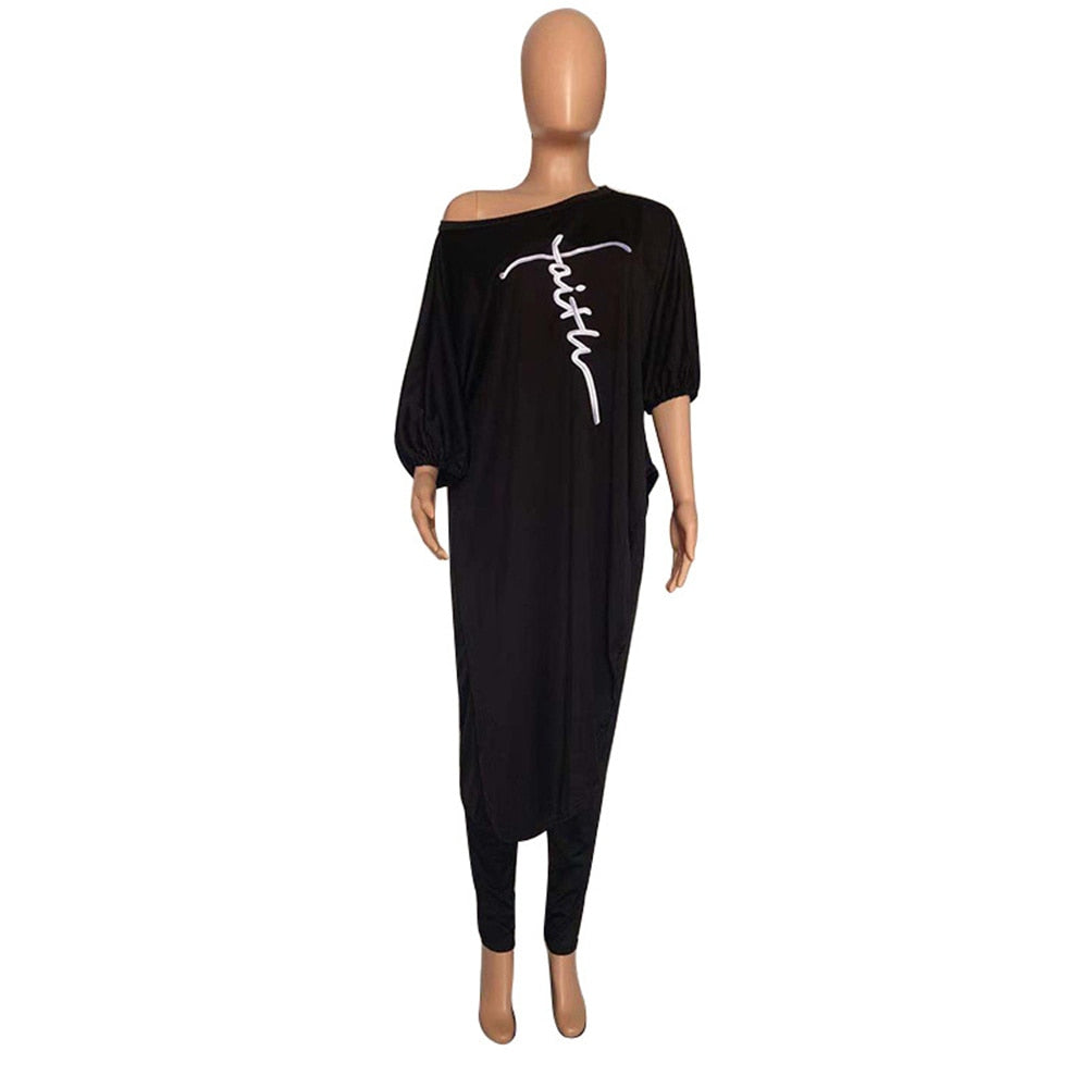 Elegant Plus Size Women's Clothing 4xl 5xl Loose Solid Color Slanted Shoulder Embroidery Tops Sexy Two Piece Sets Wholesale