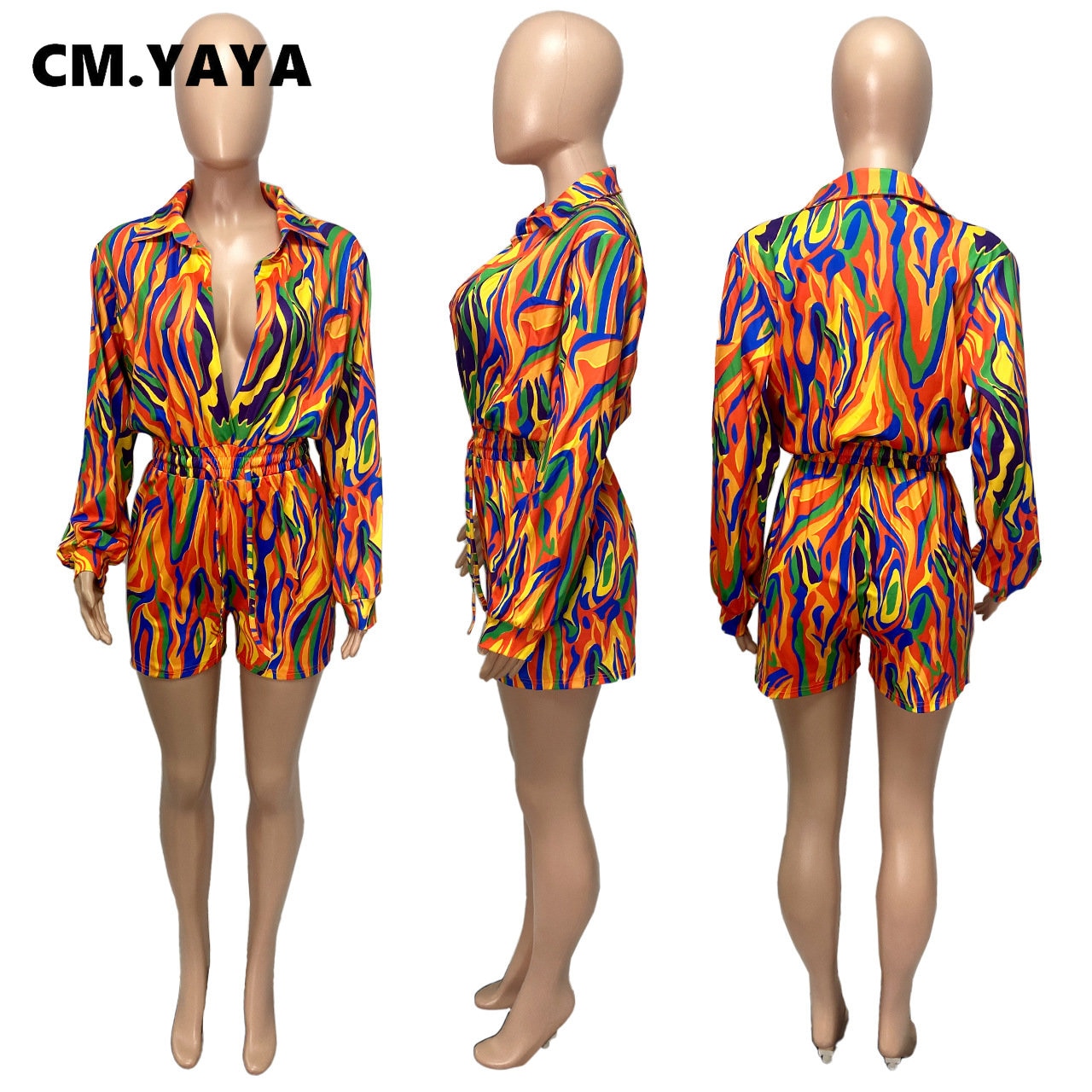 CM.YAYA Chic Women Tie Dye Black Hole Wrap Lapel Collar Long Sleeve Shirt Style Romper 2023 Spring INS One Piece Suit Playsuit
