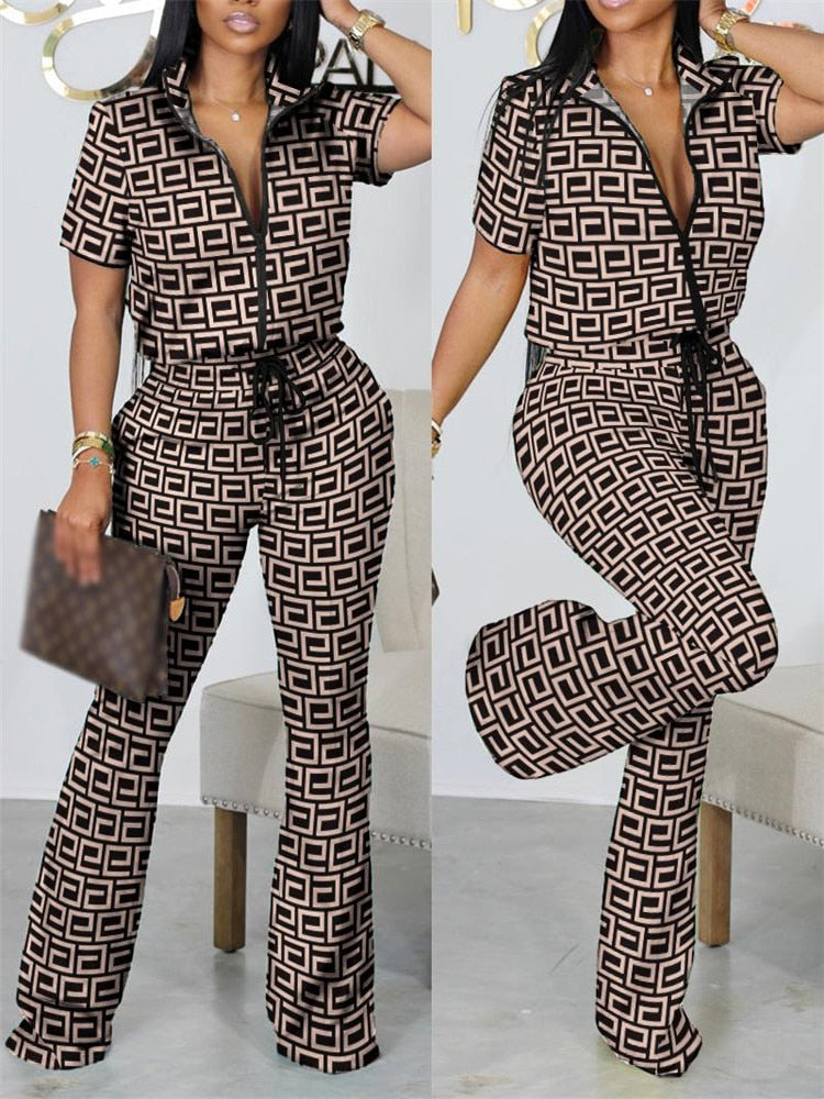 2023 Two Piece Sets Womens Geometric Print Zip Up Top &amp; Drawstring Pants Set Outifits Fashion Tracksuits Casual T Female Outfit