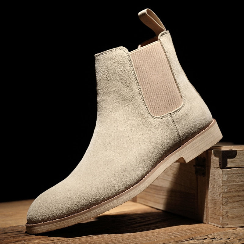 Chelsea Boots Men Shoes Leather Suede Beige Fashion All-match Business Casual British Style Everyday Slip-on Ankle Boots CP195