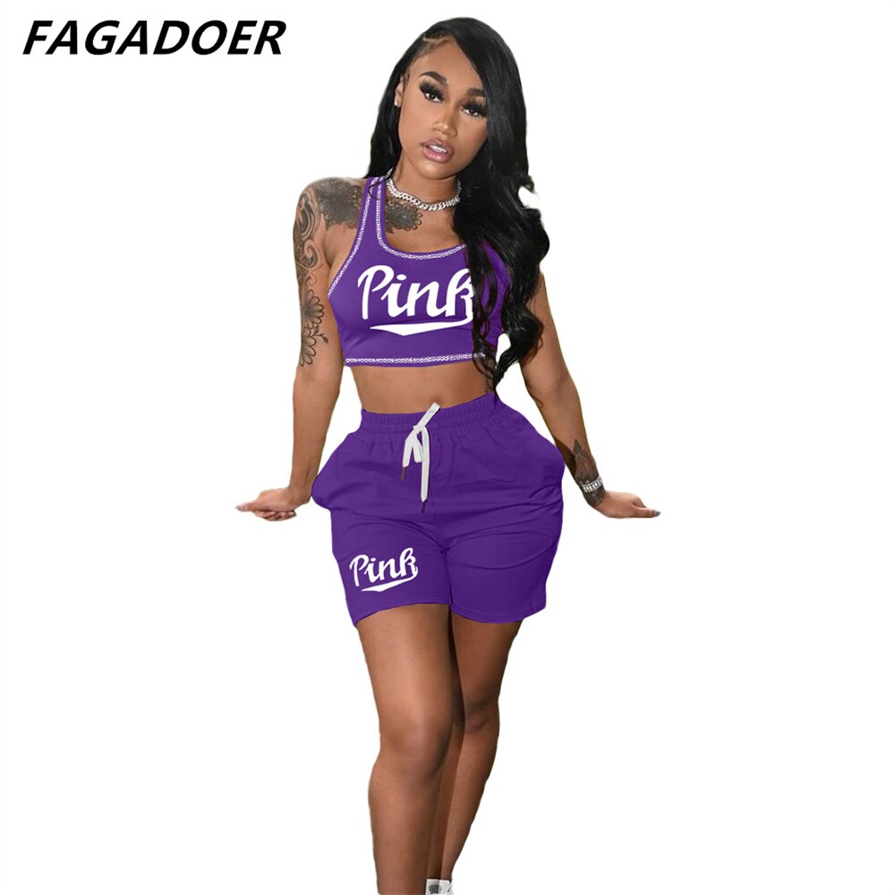 FAGADOER Summer Women Pink Letter Print Sleeveless Crop Top+Pencil Shorts Suit Two Piece Set Tracksuits Outfit Sporty Streetwear