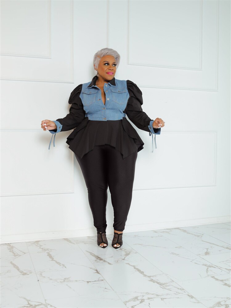 Wmstar Plus Size Two Piece Outfits Women Solid Patchwork Puff Sleeve Leggings Sets Fashion Matching suit Wholesale Dropshipping