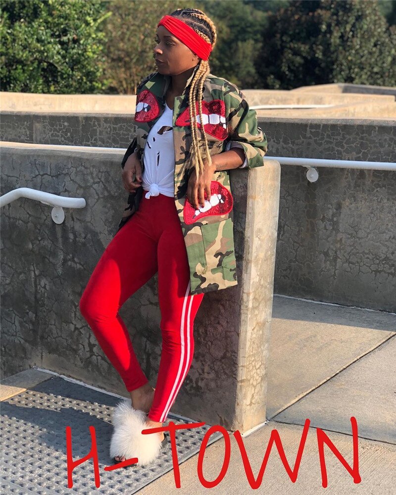 Autumn Winter Sequin Lip Camouflage Camo Jacket Coat Women High Neck Button-up Pockets Military Slim Streetwear Casual Outerwear