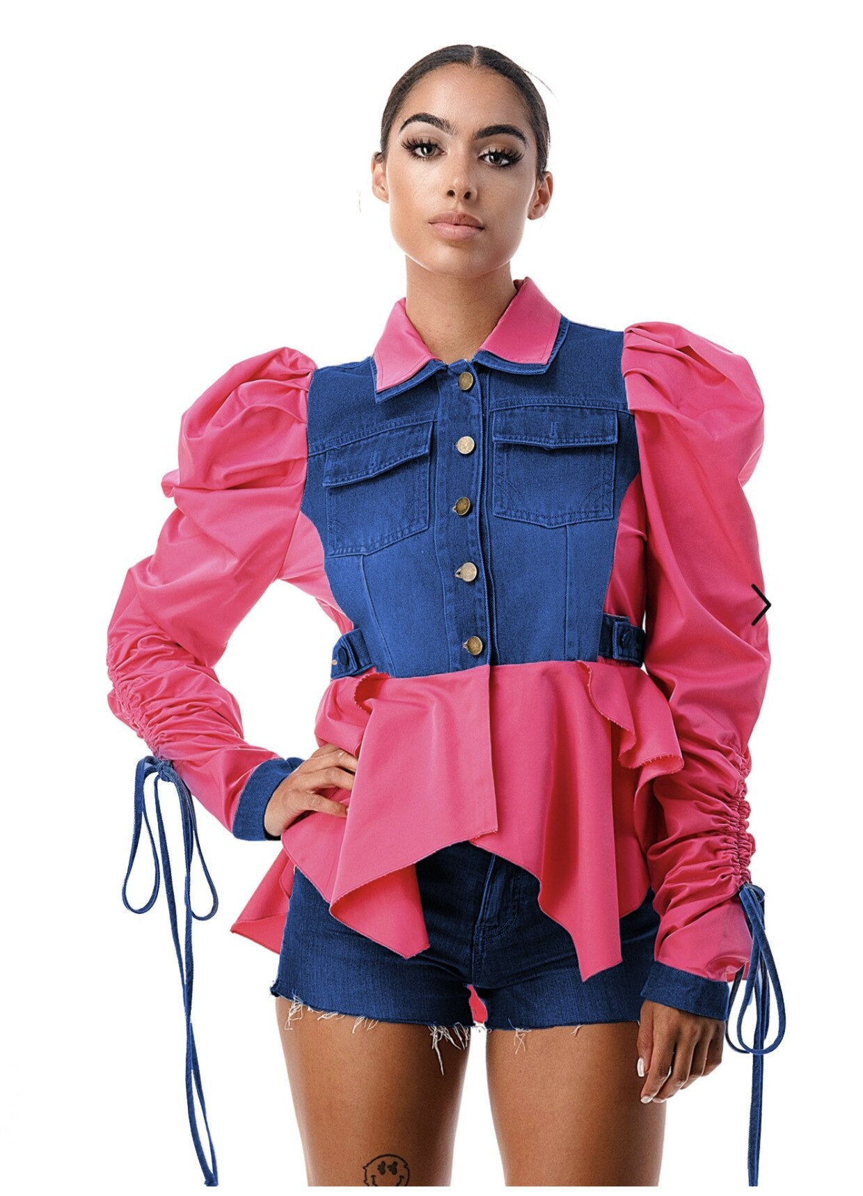 CM.YAYA Vintage Women Drawstring Ruched Up Puff Long Sleeve Single Breasted Turn-down Collar Denim Shirt Blouse Coat