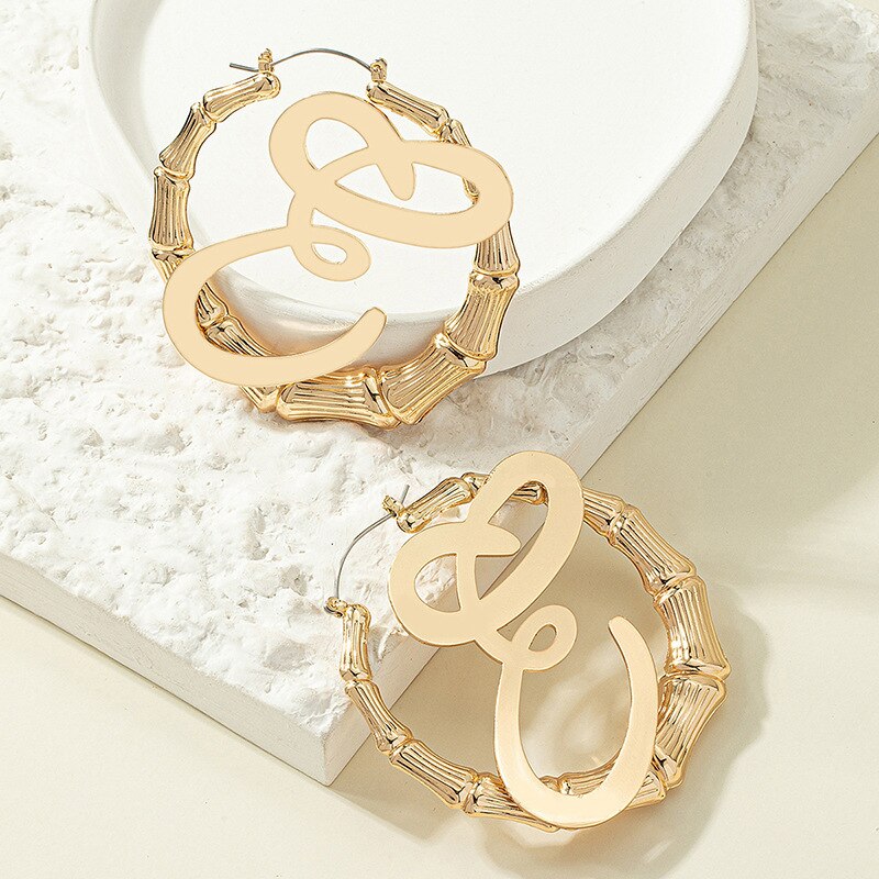 GSOLD Punk Rock A-Z Initial Bamboo Earrings For Women Party Hip-Hop Sexy Jewelry Letter Statement Large Circle Hoop Earring