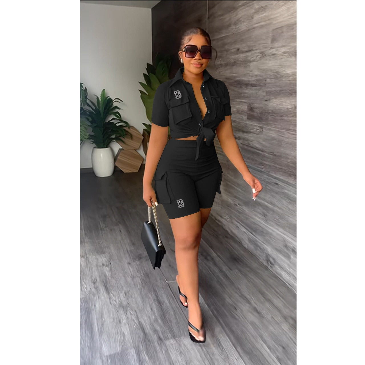 CM.YAYA Street Camouflage Women's Set Short Sleeve Pocket Front Shirt and Cargo Shorts Suit 2023 Two 2Piece Set Outfit Tracksuit