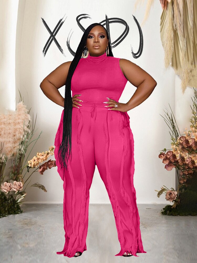 Large Size Matching Sets Ladies Sleeveless Top and Pants Tassel Womens Two Peice Sets Plus Size Summer Outfits Free Shipping