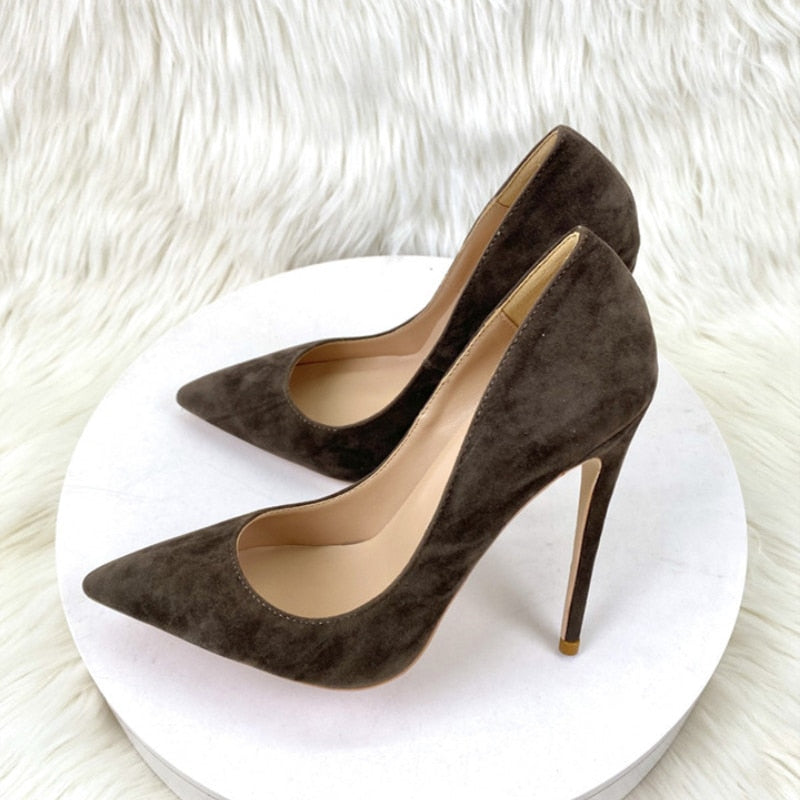 Heelgoo Coffee Brown Women Flock Syntheic Suede Pointy Toe Slip On High Heel Shoes Elegant Comfortable Dress Stiletto Pumps