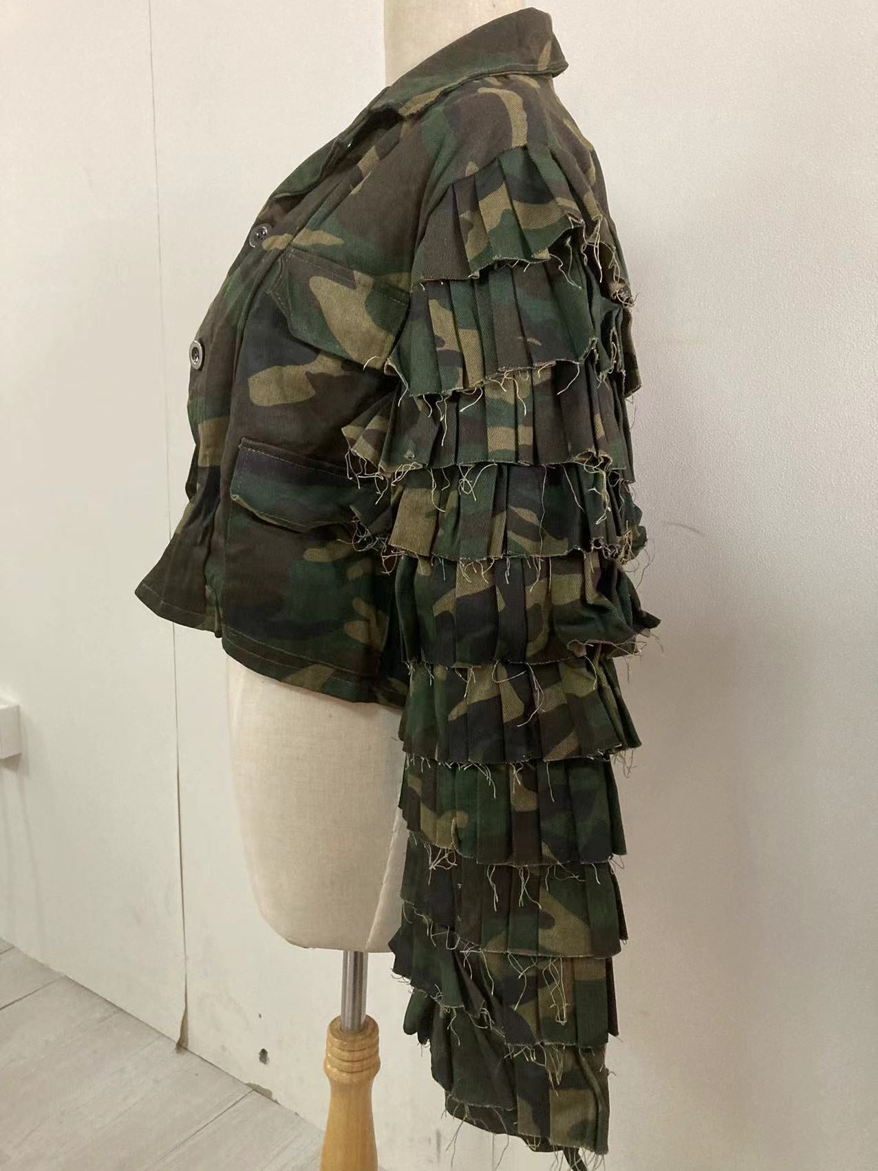 CM.YAYA Women Camouflage Cacading Ruffles Flare Sleeve Button Up Jacket Spring Winter Streetwear Military Jackets Outcoat