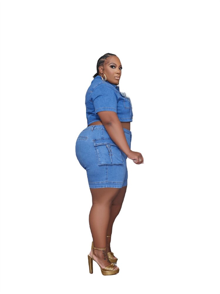 Wmstar Plus Size Denim Two Piece Set Women 2023 Shorts Sets Pockets Top and Pants Fashion New In Fashion Matching  Dropshipping