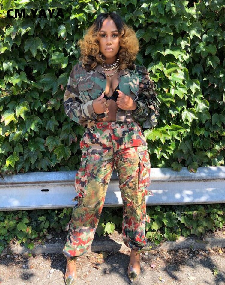 CM.YAYA Women Camouflage Cacading Ruffles Flare Sleeve Button Up Jacket Spring Winter Streetwear Military Jackets Outcoat