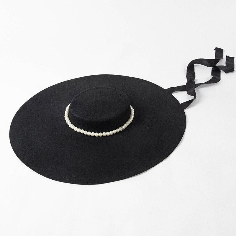 Fashion Winter Ladies Wide Brim 100% Wool Luxury  Hats Wedding Hat Flat Top Fedora Hat For Women Church Hats French Elegant Cap