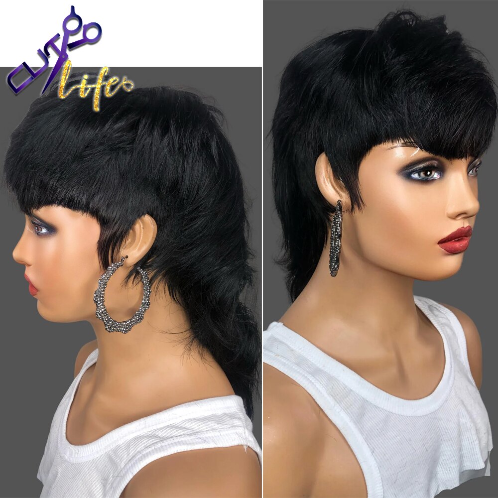 Short Pixie Cut Wigs Full Machine Made Wig With Bangs Dovetail Straight Brazilian Remy Human Hair Wigs For Women Model Length
