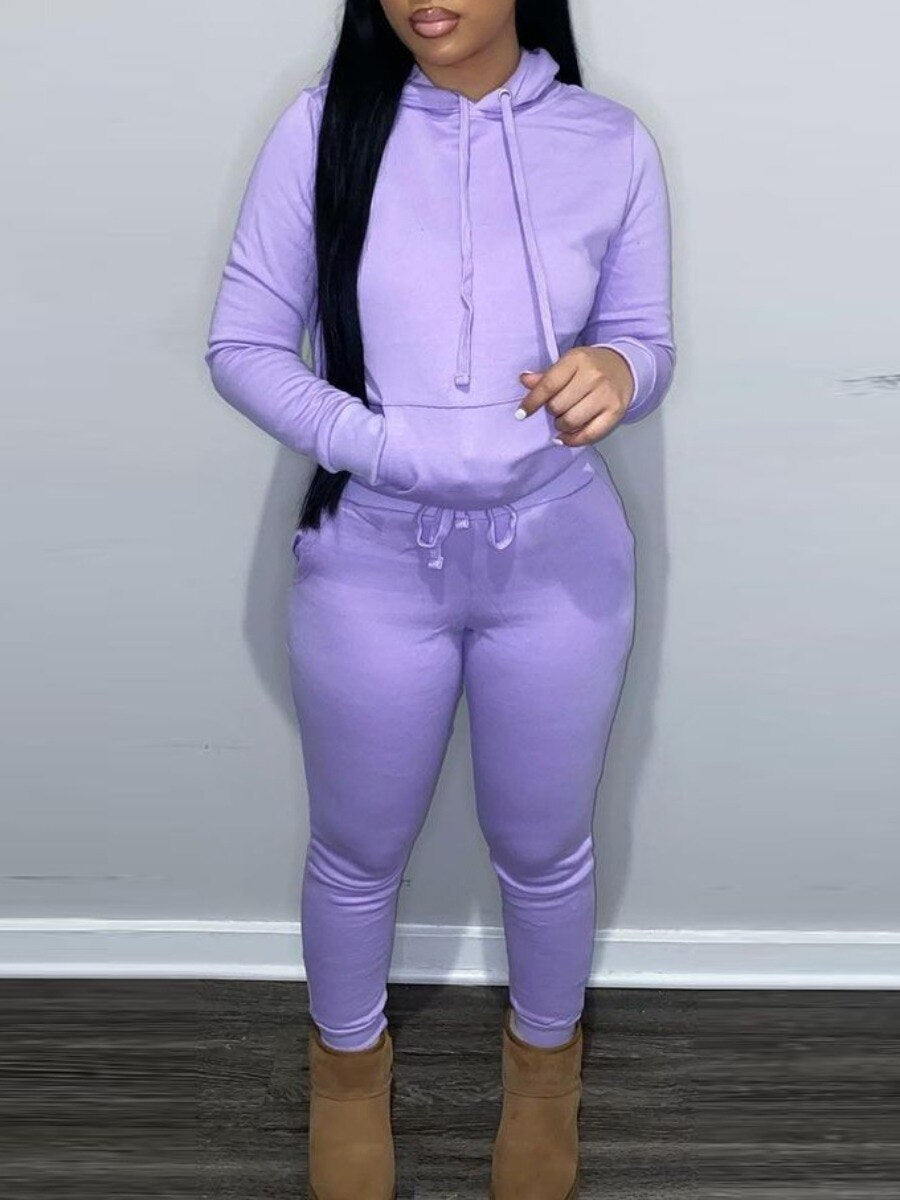 LW BASICS Hooded Collar Drawstring Tracksuit Set Two piece sets womens outifits Long Sleeve Lace-up Hooded Collar women sportswe
