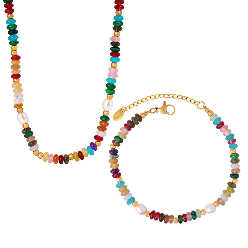Boho Beaded Necklaces Bracelets For Women Multi Color Natural Stone Beads Stainless Steel Chain Neckalce Bracelet Jewelry Set